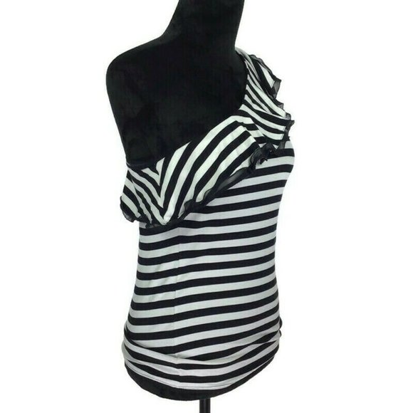 White House Black Market Striped One Shoulder Ruffle Black & White Top - Picture 5 of 8
